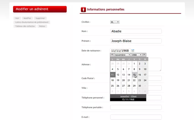 Fiche adhérent avec informations personnelles