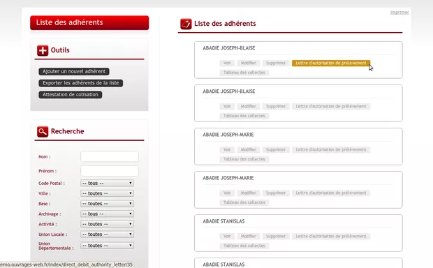 Liste des adhérents avec recherche et filtres